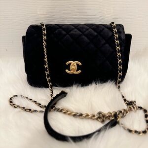 CHANEL Velvet Quilted Small Camellia Flap Black